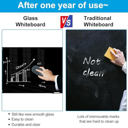 KIZZBY Glass Dry Erase Board - Magnetic Blackboard, 60"X36" Frameless Black Board Clear Glass Boards with Super Strong Magnets, Wall Mounted for Office, Classroom and Home - color: 60"×36" Black