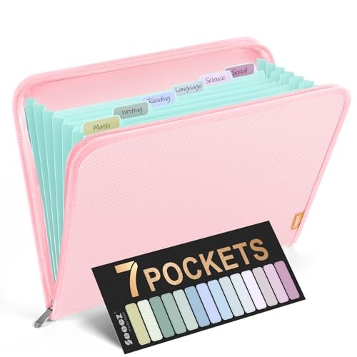 Sooez 7 Pockets Accordion File Organizer, Zipper Expanding File Folder, Heavy Duty Folder Organizer, Sleek Letter Size Accordion Folder, Portable Expandable File Folder for Documents, Pink - color: Pink, style: 7 Pocket