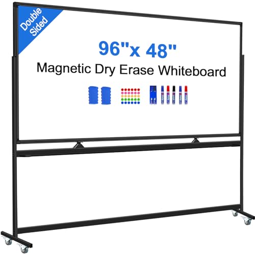 Max-officoo 4'x8' Large Dry Erase White Board with Rolling Stand 96"x48" Double-Sided Mobile Magnetic Whiteboard on Wheels, Including 3 Magnetic Erasers, 7 Markers, 30 Magnets - color: Black, size: 96"W x 48"H