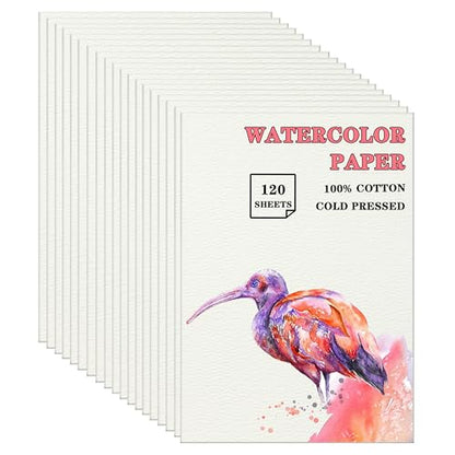 Silunkia 120 Sheets 100% Cotton Watercolor Paper 7 x 10, 140lb/300gsm Heavyweight Cold Pressed Off White Paper for Students Adults Beginner Artists Drawing Valentine Gift Cards - size: 7 x 10