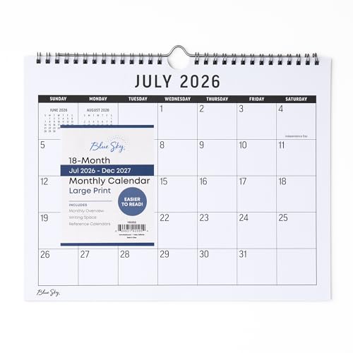 Blue Sky 2026-2027 18 Month Large Print Monthly Academic Year Wall Calendar, July 2026 - December 2027, 11" x 8.75", Durable Twin Wire Binding, Perfect For Home, Office And Classroom, Silver