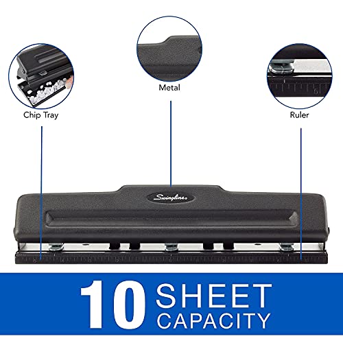 Swingline 3 Hole Punch, 10 Sheet Capacity Three Hole Puncher 3 Ring, Adjustable 2-3 Hole Paper Punch, Black (74015)