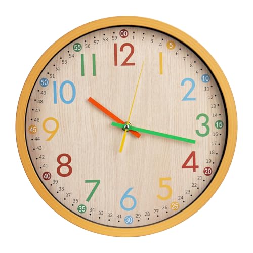 Kids Wall Clock Silent Non-Ticking Colorful Childrens Clock Round Decorative Wall Clocks for Classroom, School, Office, Bedroom, Living Room, Kitchen (Oak, 12 inch) - color: Oak