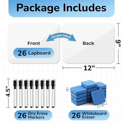 26 Pack Dry Erase Lapboards 12" x 9" - Double Sided Small Dry Erase Boards with 26 Markers & Erasers - Bulk Mini White Boards for Students, Kids, Teachers & School - Classroom Whiteboard Supplies