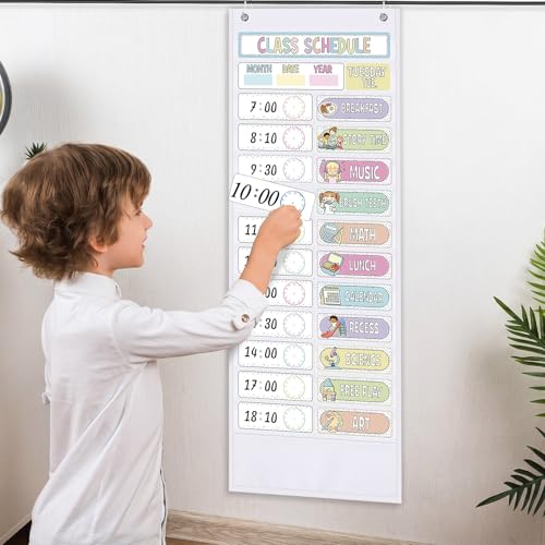 Funrous Daily Schedule Pocket Chart with 82 Cards, Linen Wall Hanging Organizer for Welcome Back to School Classroom Decorations Homeschool Visual Planner Routine Calendar(Spotty Boho) - style: Spotty Boho