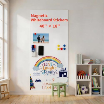 Magnetic Whiteboard Sticker 40"x18" - Self-Adhesive Dry Erase Wall Decal for Door, Kitchen Cabinet & Home Office, No Ghosting, Memo Board, Magnet Receptive, w/ 11 Markers & Magnets - size: 40"x18"