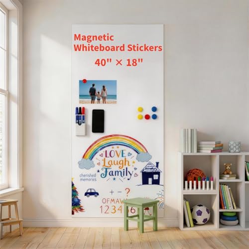 Magnetic Whiteboard Sticker 40"x18" - Self-Adhesive Dry Erase Wall Decal for Door, Kitchen Cabinet & Home Office, No Ghosting, Memo Board, Magnet Receptive, w/ 11 Markers & Magnets - size: 40"x18"