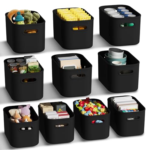 ORGIDOL 10 Pack Black Plastic Storage Bins, Storage Container for Organizing, Storage Boxes with Handle for Shelves, Cute Organizer Bins for Craft, Snacks, Pantry, Cabinet, 9.69x6.7x5.7 inch - color: Black, size: 10Pack