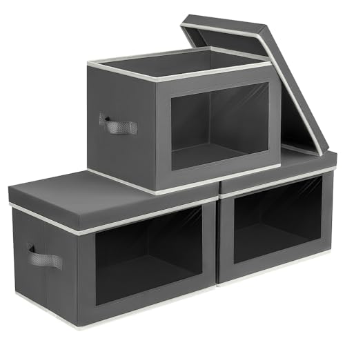 Homsorout Storage Bins with Lids - Fabric Storage Boxe with Window, Collapsible Closet Organizers with Handles, 3 Pack Decorative Bin, Home Cubes Baskets for Clothes, Hat, Books, Dark Grey - color: Dark Grey, size: L(3-Pack)