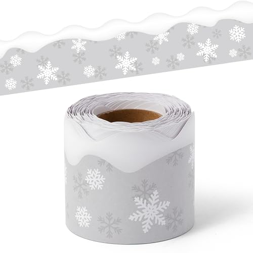 BeYumi Winter Snowflake Border Trim - 65ft Winter Christmas Gray Snowflake Scalloped Rolled Border Trim Xmas Snowflakes Themed Bulletin Board Borders School Classroom Office Chalkboard Party Decor - style: Gray Snowflake