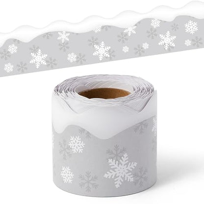 BeYumi Winter Snowflake Border Trim - 65ft Winter Christmas Gray Snowflake Scalloped Rolled Border Trim Xmas Snowflakes Themed Bulletin Board Borders School Classroom Office Chalkboard Party Decor - style: Gray Snowflake