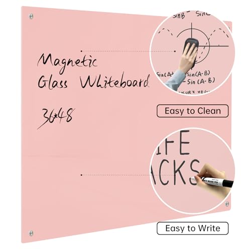Magnetic Glass Dry Erase Board - White Board 48 x 36 Inch Wall Mounted Glass Whiteboard, Large Frameless Glass White Board for Wall Office, Home & School, Pink - color: Pink, size: 48"W x 36"H