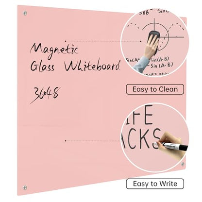 Magnetic Glass Dry Erase Board - White Board 48 x 36 Inch Wall Mounted Glass Whiteboard, Large Frameless Glass White Board for Wall Office, Home & School, Pink - color: Pink, size: 48"W x 36"H
