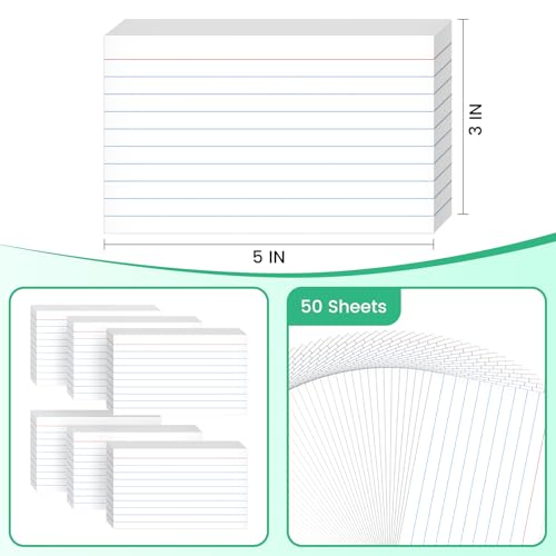 300 Count White Ruled Index Cards, 3x5 Inch Lined Study Flash Cards - 6 Pads, 50 Cards per Pad, Narrow Ruled Note Cards for School, College, Learning, Flashcards with Lines for Notes - color: white & ruled