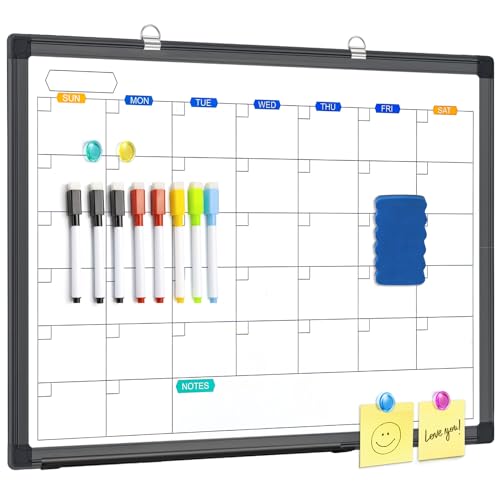 Dry Erase Calendar Whiteboard for Wall, 24" x 18" Magnetic Monthly White Board Calendar Dry Erase, Black Aluminum Frame with Tray for Home, School, Office - size: 24" x 18" Black Frame
