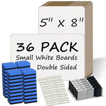 Portable Small White Board 5"x8" for Students, Personal Whiteboard Mini Lightweight Double Sided, Dry Erase Board for Kids Classroom, Individual Lapboards for Teaching with Eraser and Marker (36 Pack)