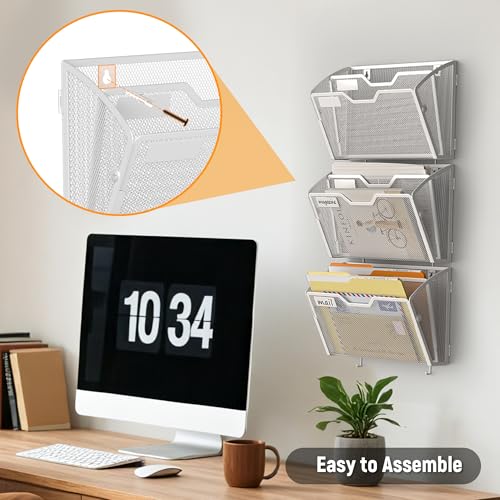 Docnest 2 Tier Mesh Wall File Holders with Hooks – 3 Pack Hanging Letter Holder - Document Organizer for Mail, Paper, Office, Home, School – Space-Saving Wall Mounted Folder Holder – White - color: 2 Tier-White-3 Pack