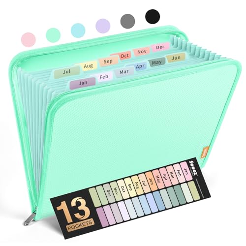 Sooez 13 Pocket Accordion File Organizer, Zipper Expanding File Folder Organizer, Reinforced Plastic Accordion Folder, A4 Letter Size, Portable Folders for Documents, Green - color: Green, style: 13 Pocket