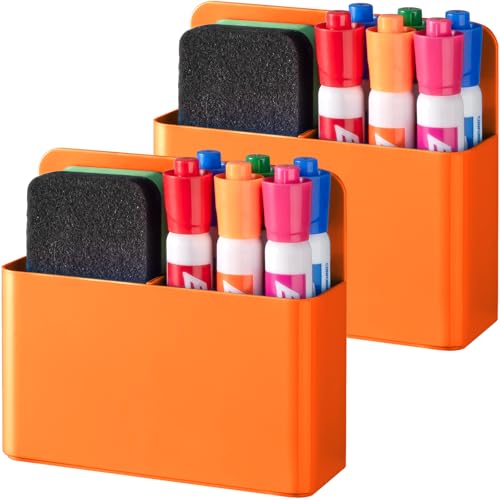 BEYGORM 2 Pack Plastic Magnetic Pen Holder for Refrigerator, Dry Erase Marker Holder for Whiteboard，Magnet School Locker Organizer Accessories, Pencil Cup, Pen Caddy, Classroom Organization(Orange) - color: Orange