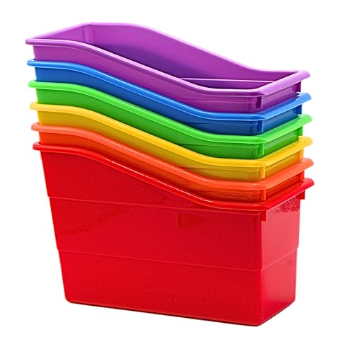 4E's Novelty 6 Durable Book and Binder Holder, Files Book Bins for Classroom, Plastic Vertical Storage Book Organizer Folder Office Classroom Organization Containers Supplies (Rainbow)