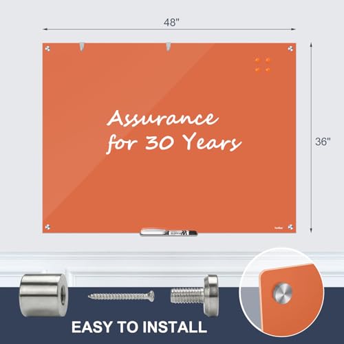 Glass White Board Dry Erase Board, 48x36 Inches Magnetic Glass Whiteboard, Large Dry Erase Board for Wall Office School Classroom Home, 4x3 Feet Orange Big Whiteboard Wall Mounted