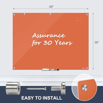 Glass White Board Dry Erase Board, 48x36 Inches Magnetic Glass Whiteboard, Large Dry Erase Board for Wall Office School Classroom Home, 4x3 Feet Orange Big Whiteboard Wall Mounted