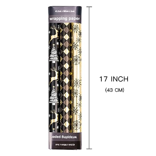 LeZakaa Black Gold Christmas Wrapping Paper Mini Roll, Reindeer Snowflake Tree Grid Metallic Foil Holiday Gift Wrap, DIY Craft, for Xmas Winter Party, 17 x 120 inches, 3 Rolls - color: Reindeer, Snowflake, Grid