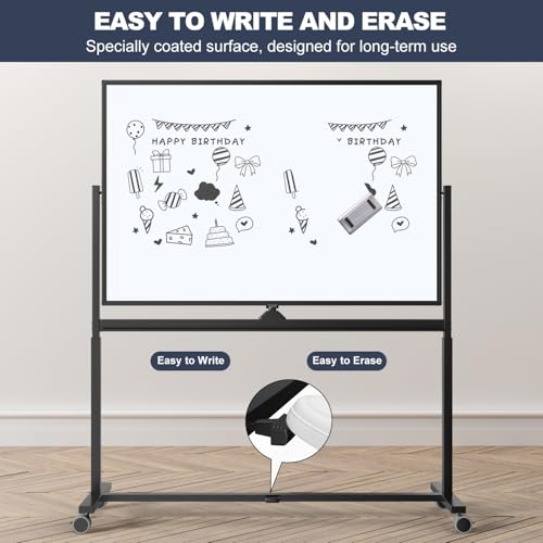 Rolling Whiteboard, 48 x 32 Inches Magnetic White Board with Stand, Double-Sided Large Standing Dry Erase Board on Wheels, Height-Adjustable Mobile Dry Erase Board for Office, Home, Classroom - color: Black - Upgraded, size: 48"x32"