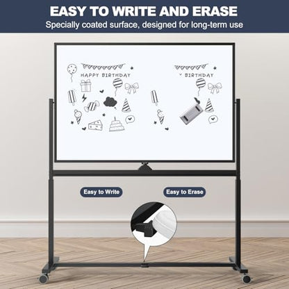 Rolling Whiteboard, 48 x 32 Inches Magnetic White Board with Stand, Double-Sided Large Standing Dry Erase Board on Wheels, Height-Adjustable Mobile Dry Erase Board for Office, Home, Classroom - color: Black - Upgraded, size: 48"x32"
