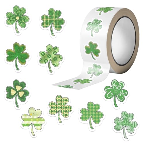 500PCS Clover Day Stickers Roll 10 Different Patterns Clover Stickers Party Favors Decals Vinyl Waterproof Sticker Cute Sticker Pack(500 Per Roll) (Clover) - color: Multicolor