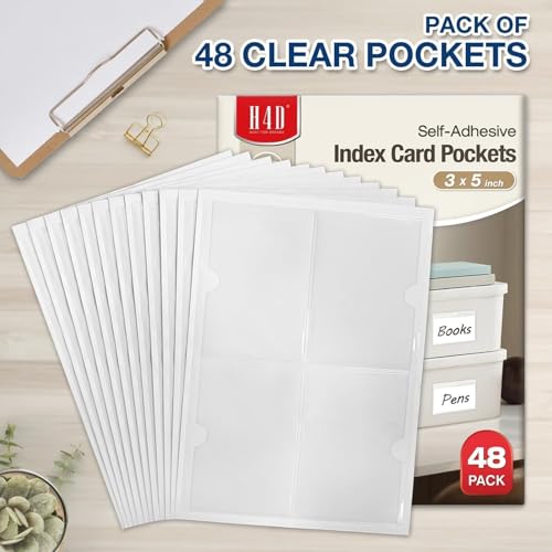 H4D 48 Pack Labels for Storage Bins, 3" x 5" Plastic Clear Adhesive Index Card Holders, Tote Label Pockets for Organizing Storage, Library Card, Shelves - size: 3" x 5", style: 48 Pack