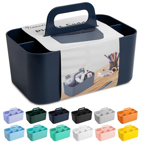 Tiawudi Multipurpose Caddy Organizer, Plastic Caddy with Handle, Stackable Desk Organizer for Stationery, Marker and Pencil, Office Supplies Organizer, Dorm Caddy - color: Dark Blue