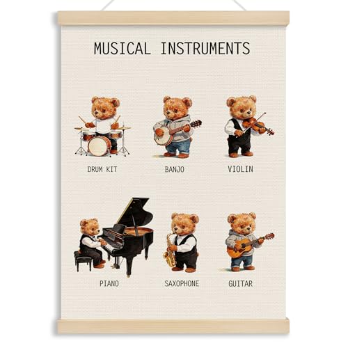 MOTERMATE Musical Bear Nursery Classroom Poster Hanger Frame, Musical Instruments Educational Wall Hanging Decor Art Framed for Kids Nursery Room, Music Educational Wall Poster Prints, 12x16 Inch - color: musical