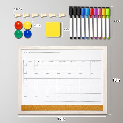 Dry Erase Calendar Whiteboard for Wall - 17x13 Inch Magnetic Whiteboard, Reusable Monthly Planner Board for Home Office, Classroom, Teachers & Students (White)