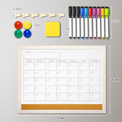 Dry Erase Calendar Whiteboard for Wall - 17x13 Inch Magnetic Whiteboard, Reusable Monthly Planner Board for Home Office, Classroom, Teachers & Students (White)