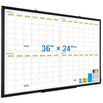 36" x 24" Magnetic Dry Erase Calendar Whiteboard, 4 Month Calendar White Board Planner, Black Aluminum Frame Wall Mounted Board for Office Home and School - color: Black Frame, size: 36"W x 24"H - 4 Month Calendar