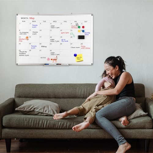 Comix Magnetic Dry Erase Calendar Whiteboard, 36 x 24 Inches Monthly Calendar Dry Erase Board for Wall, Aluminum Frame Planner White Board with Dry Erase Markers, Eraser, Magnets - size: 36"W x 24"H