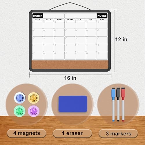 Monthly Calendar Dry Erase Board 16x12 Inch, Double-Sided Whiteboard and Corkboard Combo with Black Plastic Frame, Wall Mounted Planner Organizer with Markers, Magnets, Push Pins, Eraser - size: 16"W x 12"H, style: Black Plastic Frame