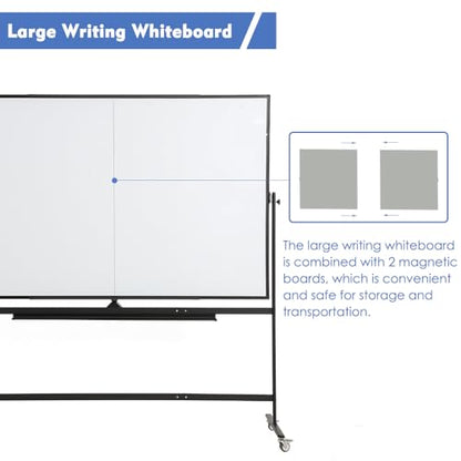 Large Magnetic Mobile Whiteboard 96"x48", Rolling Double Sided Stand Whiteboard on Wheels, Reversible Adjustable Height/Angle Dry Erase Board 8' x 4' Easel White Board for Office Classroom, Black - color: Black, size: 96"W x 48"H