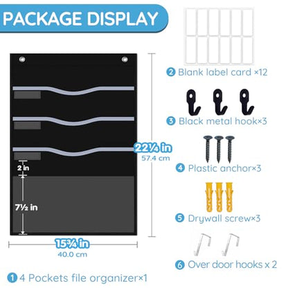 ALSLEA 4 Pockets Hanging Wall File Organizer 15" Extra Wide Pocket Chart for Classroom, Office, Home, Mail Organizer Wall Mounted with 1 Writable Clear Pocket, 5 Wall/ Door Hooks & 12 Labels (Black) - size: Small (4 Pockets)