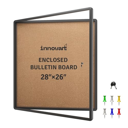 INNOVART 28”x26” Enclosed Bulletin Board, Weatherproof Enclosed Cork Board with Swing-Open Locking Door, Black Aluminum Frame Wall Mounted Display Case for Home, School, Office, Commercial - color: Black Frame Cork, size: 28"x26"