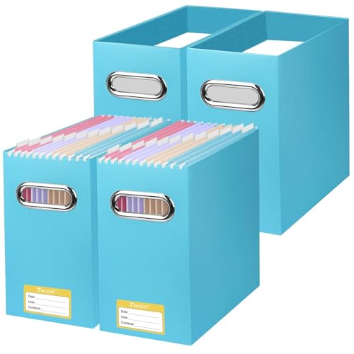BALEINE File Organizer Box, Cardboard File Folder Organizer with Handle for Letter Size, Portable Collapsible Hanging Filing Box for Home Office Document Storage (4 Pack, Blue) - color: Blue, style: 4PK (Slim)