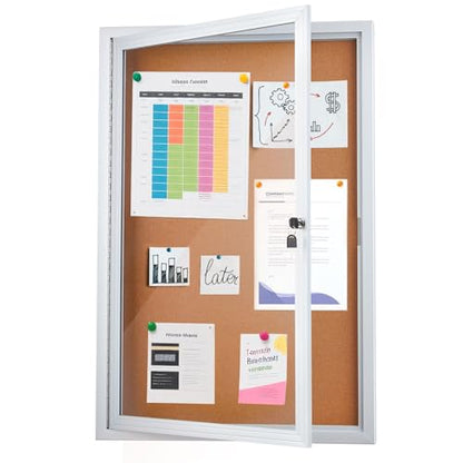 Enclosed Cork Bulletin Board 36"x24" Outdoor Weatherproof Cork Noticeboard with Locking Door Wall-Mounted Silver Aluminium Frame for Home, School, Office, Community, Hospital