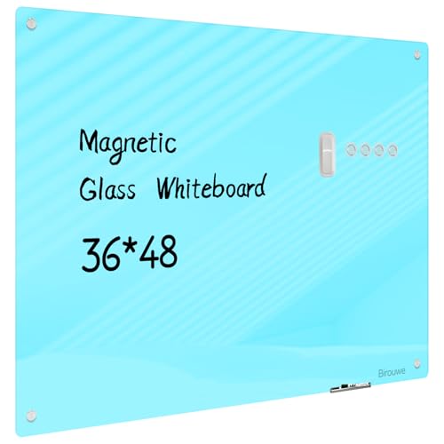 Magnetic Glass Whiteboard - Glass Dry Erase Board 48"x36" Large Frameless Glass Board for Walls Office School and Home, Blue - color: Blue, size: 48" x 36"