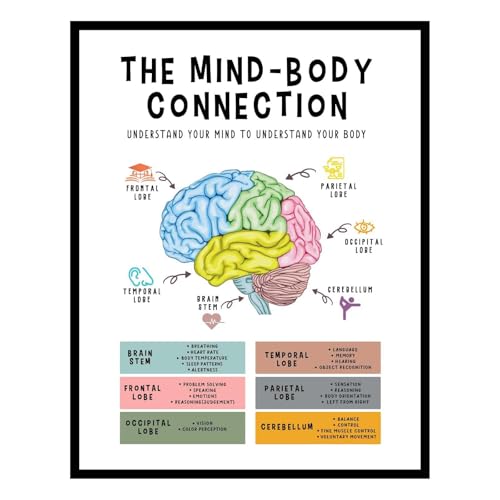 Mind Body Connection Brain Poster, Classroom Signs for School Counselor Office, Therapy Office & Psychology Classroom Decor, Human Brain Anatomy Wall Art, Stress Management Chart, Framed 11x14 - color: framed, size: 14"L x 11"W