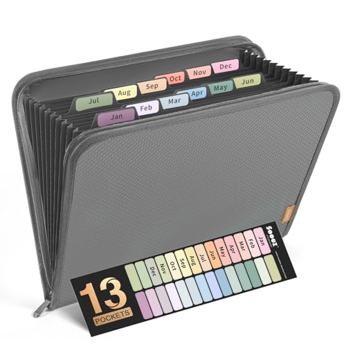 Sooez 13 Pocket Accordion File Organizer, Zipper Expanding File Folder Organizer, Reinforced Plastic Accordion Folder, A4 Letter Size, Portable Folders for Documents, Grey - color: Grey, style: 13 Pocket