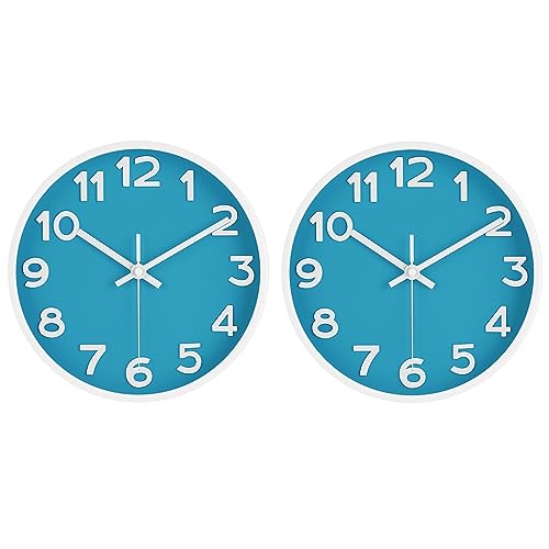 HIPPIH Wall Clock 2 Pack, 10 Inch Modern Wall Clocks Battery Operated, Non Ticking Silent Wall Clock, Simple Small Analog Wall Clock for Living Room, Bedroom, Kitchen, School, Office, Blue - color: Blue, size: 10 inches