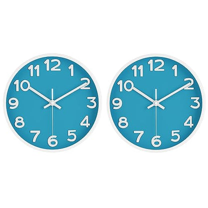 HIPPIH Wall Clock 2 Pack, 10 Inch Modern Wall Clocks Battery Operated, Non Ticking Silent Wall Clock, Simple Small Analog Wall Clock for Living Room, Bedroom, Kitchen, School, Office, Blue - color: Blue, size: 10 inches