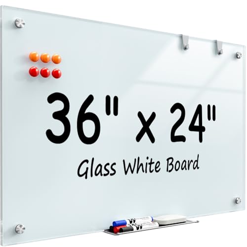 MaxGear Glass Whiteboard Wall Mounted, Frameless Magnetic Dry Erase Board, Tempered Glass, Steel-Backed, Non-Porous Smooth Surface, Floating Design, Accessories Included, for Office Home Classroom - color: White, size: 36"W x 24"H