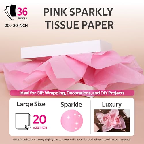 36 Sheets Glitter Pink Tissue Paper for Gift Bags – 20 x 20 inch Sparkling Wrapping Tissue for Crafts & Party Packaging - color: Pink